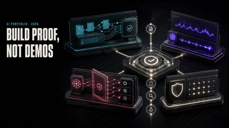 Four AI engineer portfolio projects shown as connected system blueprints for RAG, MLOps, agents and evaluation.